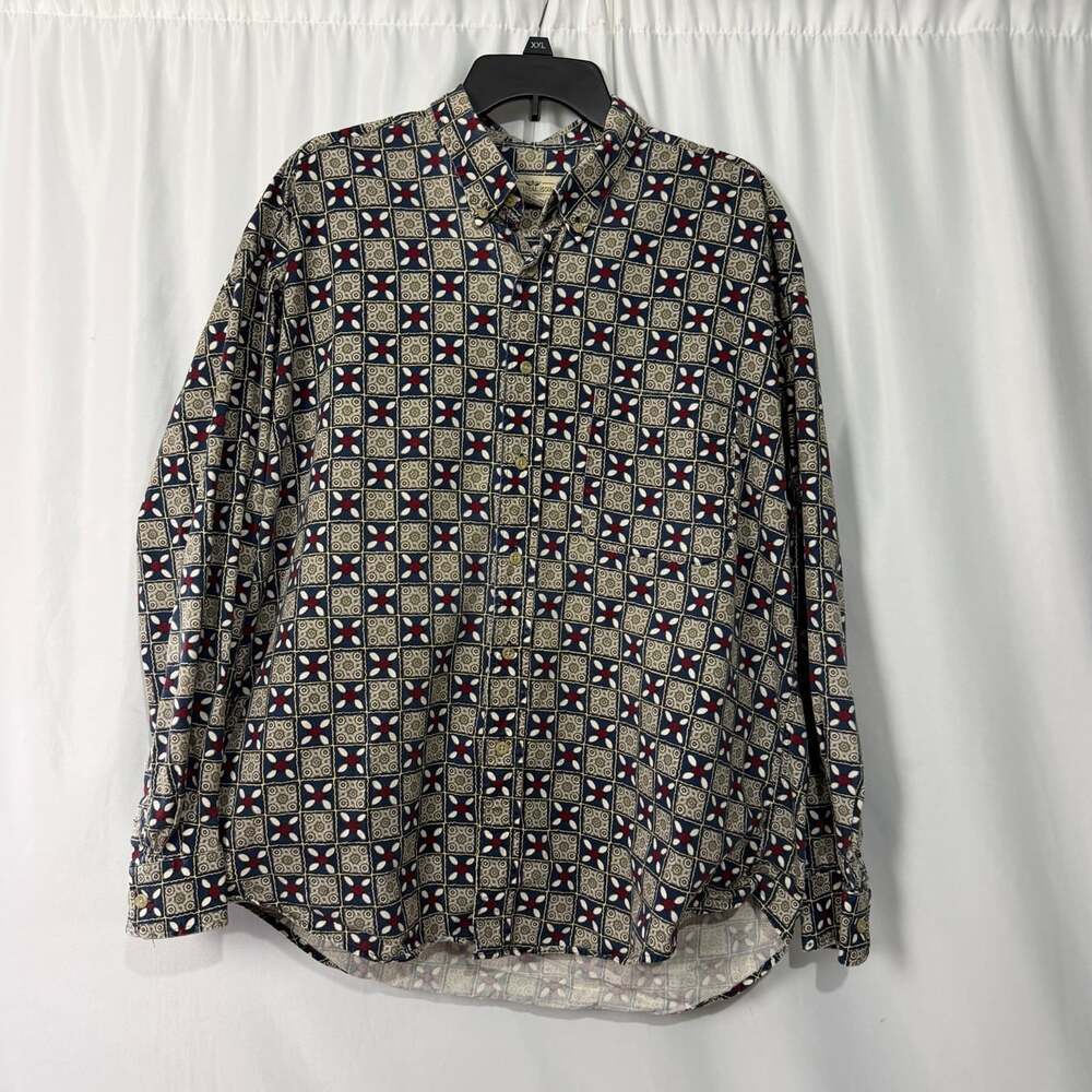 90s Natural Issue Mens Button Down Shirt XL Blue Geometric Tile Long Sleeve